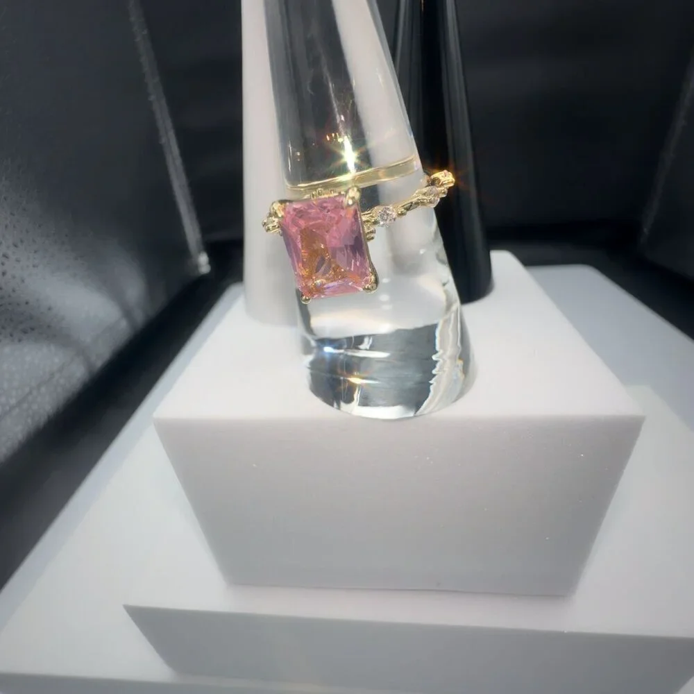 Pink Radiant-Cut Gemstone Ring With Gold-Plated Brass Band & Micro Insert Inlay